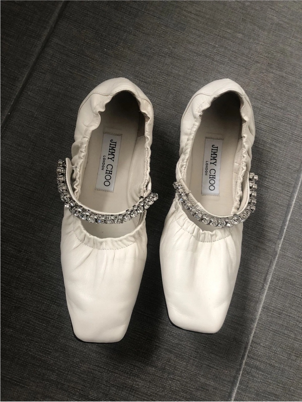 Jimmy Choo Gai White Ruched Leather Flats with Crystal Accent